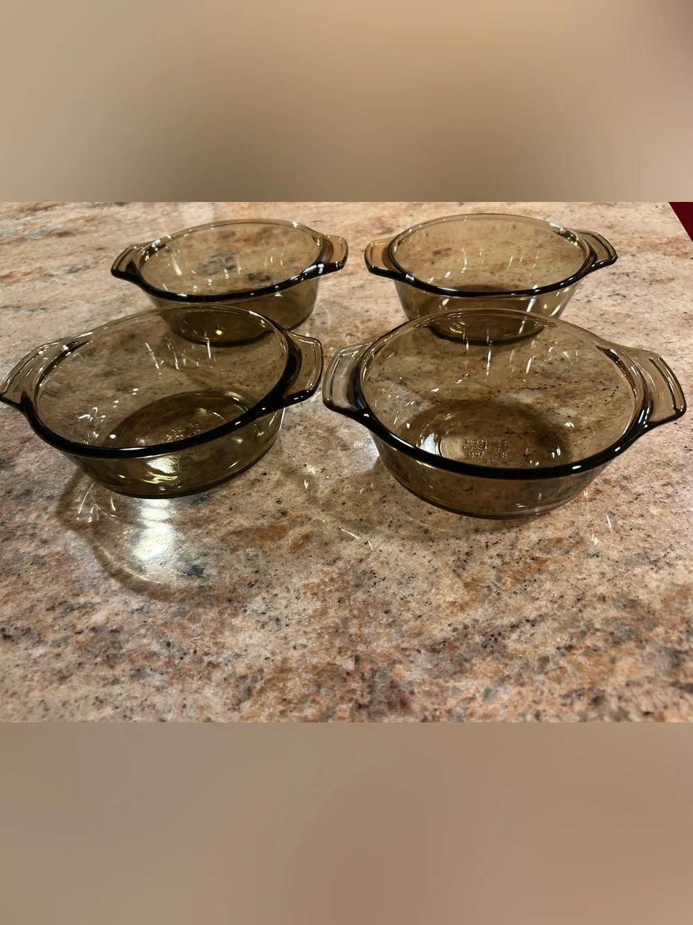 Anchor Hocking#1072 Set of 4 Amber Smoke Glass 12 oz Casserole Dishes 6.25” NWOT